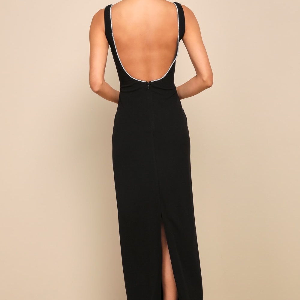 NWT Timeless Poise Black Rhinestone Square Neck Backless Maxi Dress